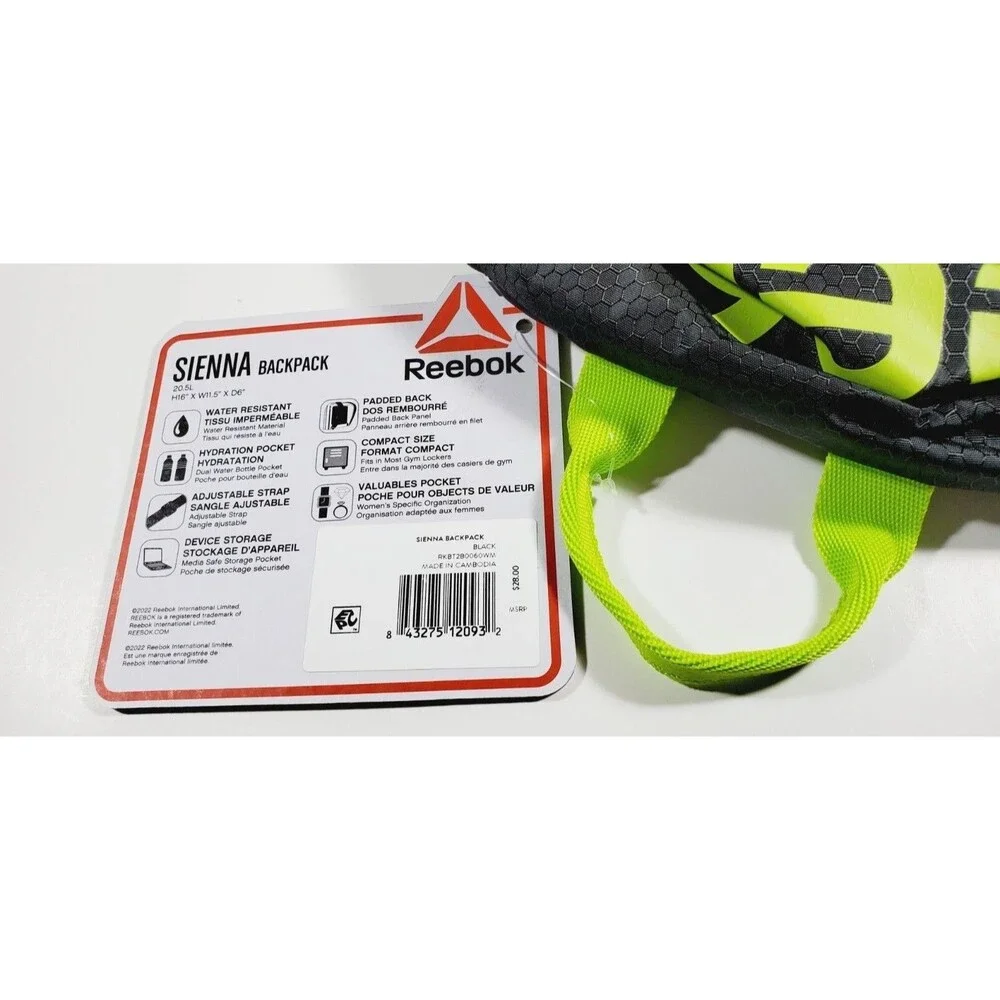 Reebok Sienna Lightweight Backpack Water-Resistant Black/Bright Green Unisex NWT